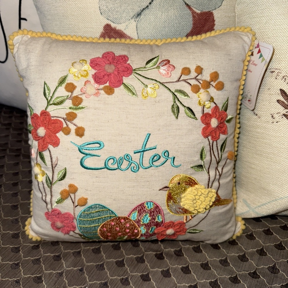 Cottontail Lane Embroidered Easter Egg Bird Floral Accent‎ Throw Pillow 12x12